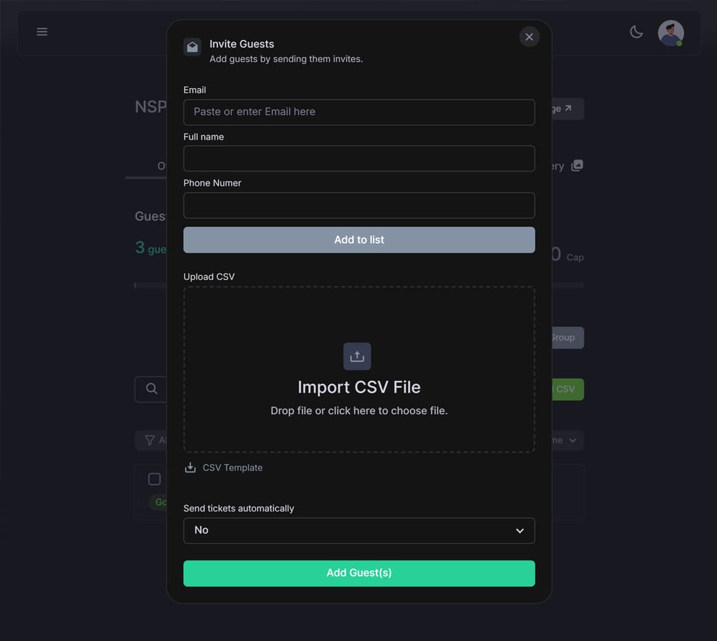 page showing invitation form
